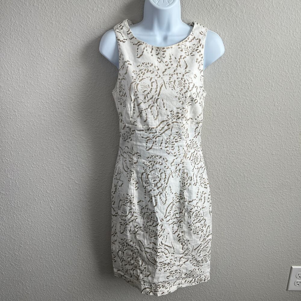 120% Lino Linen Blend White Floral Glitter Dress Women's 40 US 4 Sheath Modest